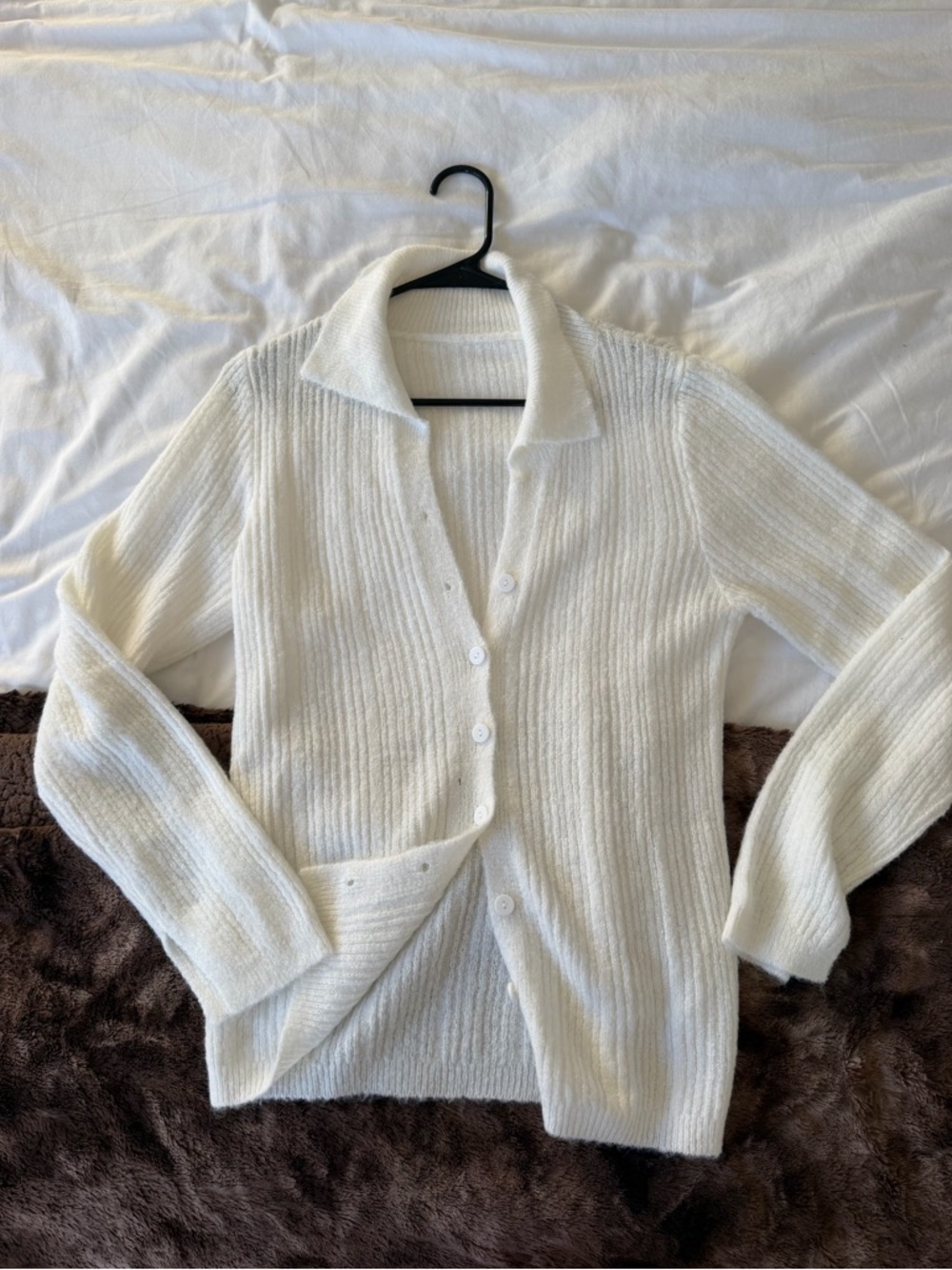 SHEIN Cream Ribbed Button-Up Collared Cardigan
